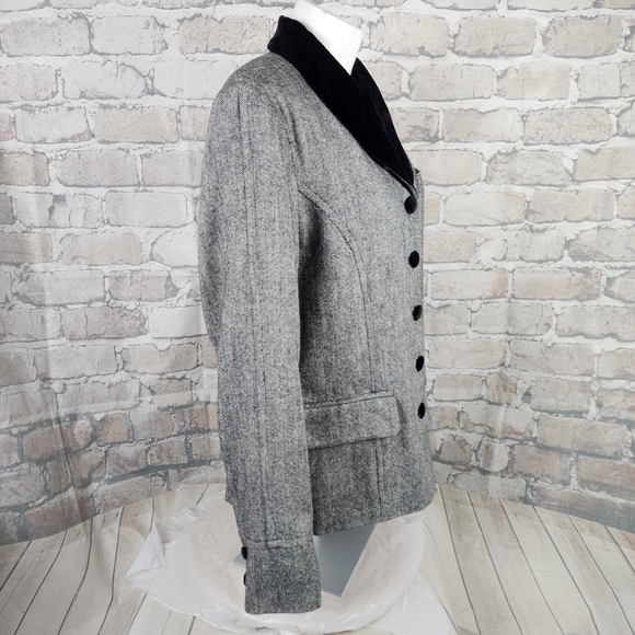 Vintage 80s Wool Preppy Tweed Blazer Velvet Trims Black White Academia Size 16 - Picture 7 of 15